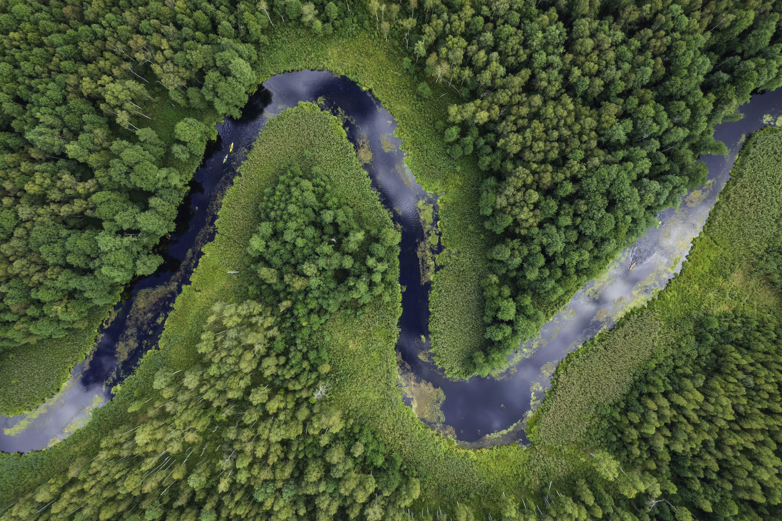 tourists kayaking on a small meandering river (aerial view)